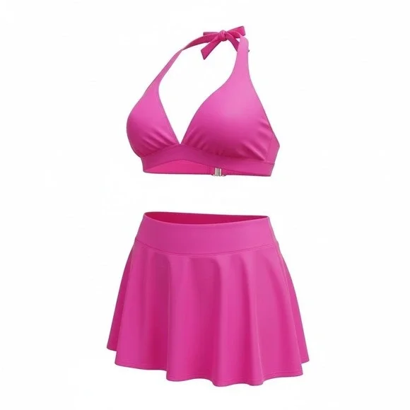 EUC Yonique Hot Pink Skirted Bikini Set - High- Waisted Tummy Control 20W Swim - Picture 2 of 11